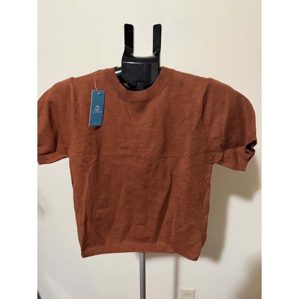 CUPSHE Brown Solid Ribbed Crew Neck Short Sleeve Lightweight Knit Pullover XL